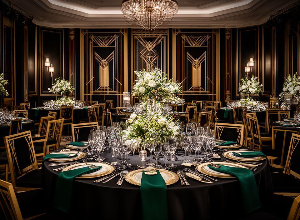 Montaje Art Deco para un evento corporativo con mesas elegantes, detalles dorados y atmósfera sofisticada
